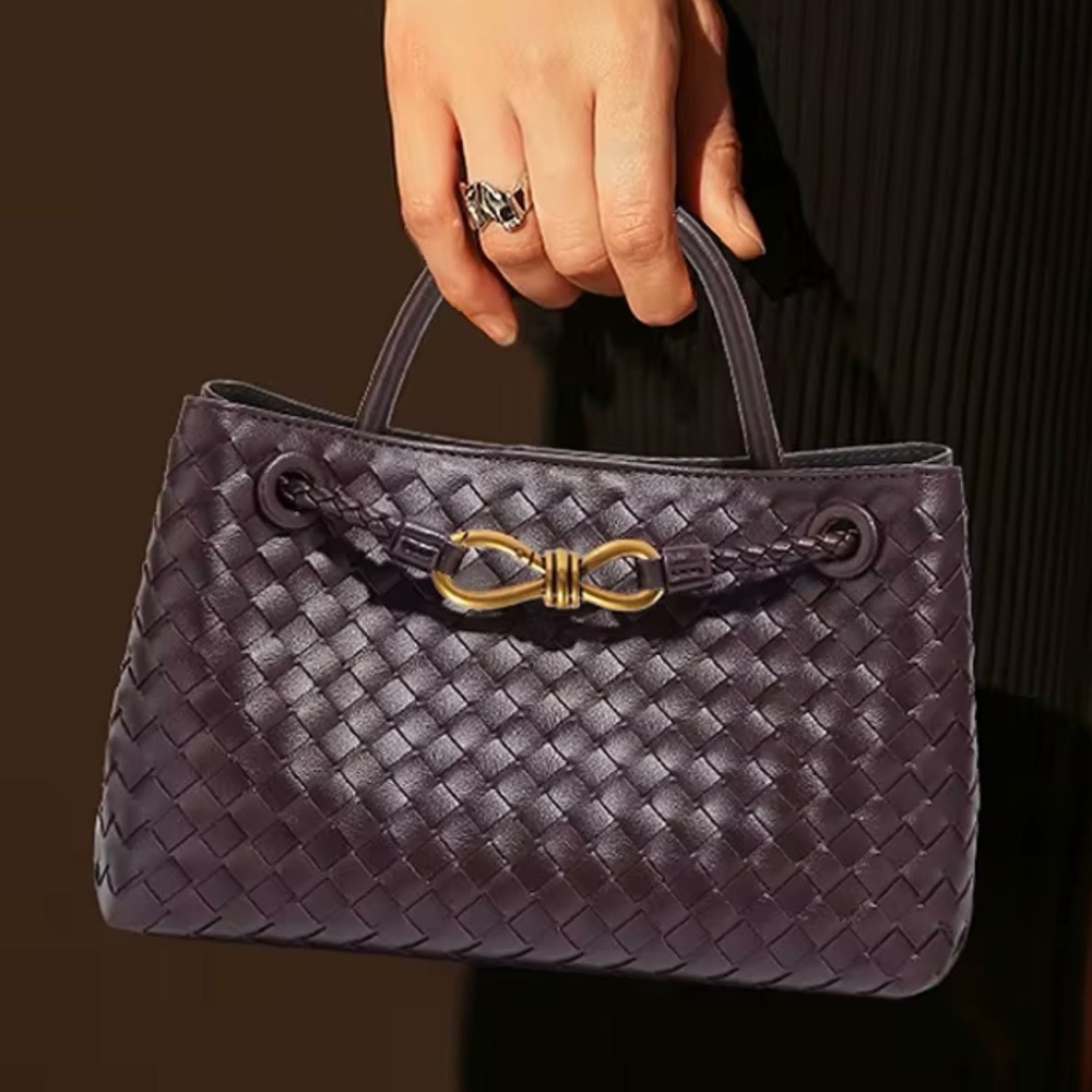 Elegant Brown Woven Handbag with Gold Accent